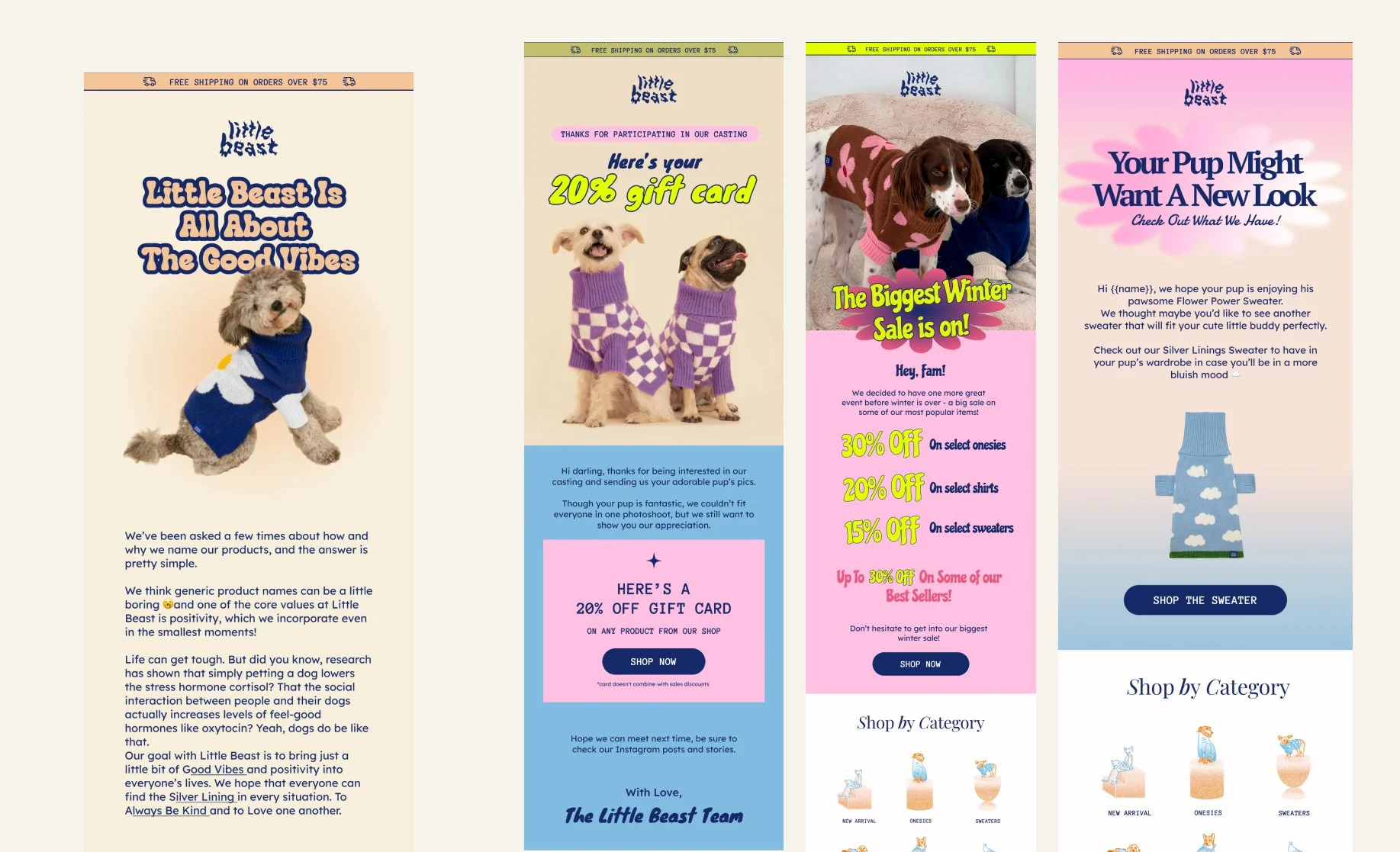 Playful, colorful pet clothing email campaigns
